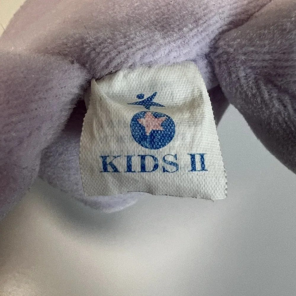 Kids II 2 Purple Elephant Soft Plush Lovey Baby Rattle With Satin Ribbon Vtg